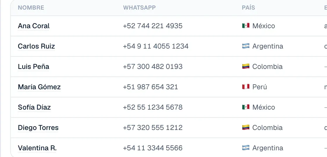 Números de WhatsApp en formato internacional con la bandera de su país