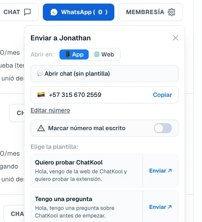 Menú del botón de WhatsApp: abrir en app o web, copiar el número y elegir plantilla