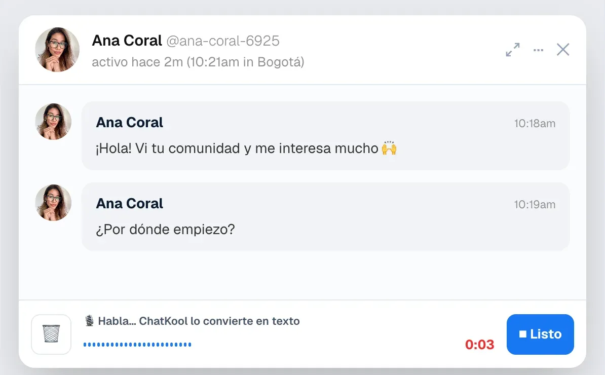 Dictado por voz en el chat de Skool, convirtiendo la voz en texto