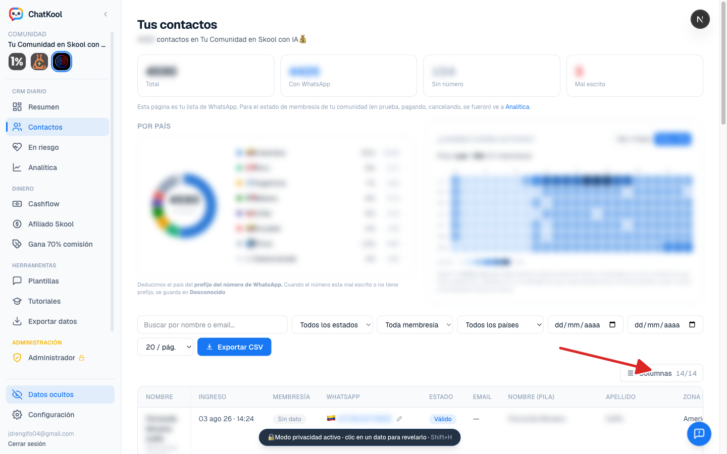 ChatKool centraliza a los miembros de tu comunidad de Skool en una tabla de contactos con su WhatsApp, país y estado, tu CRM en la nube.