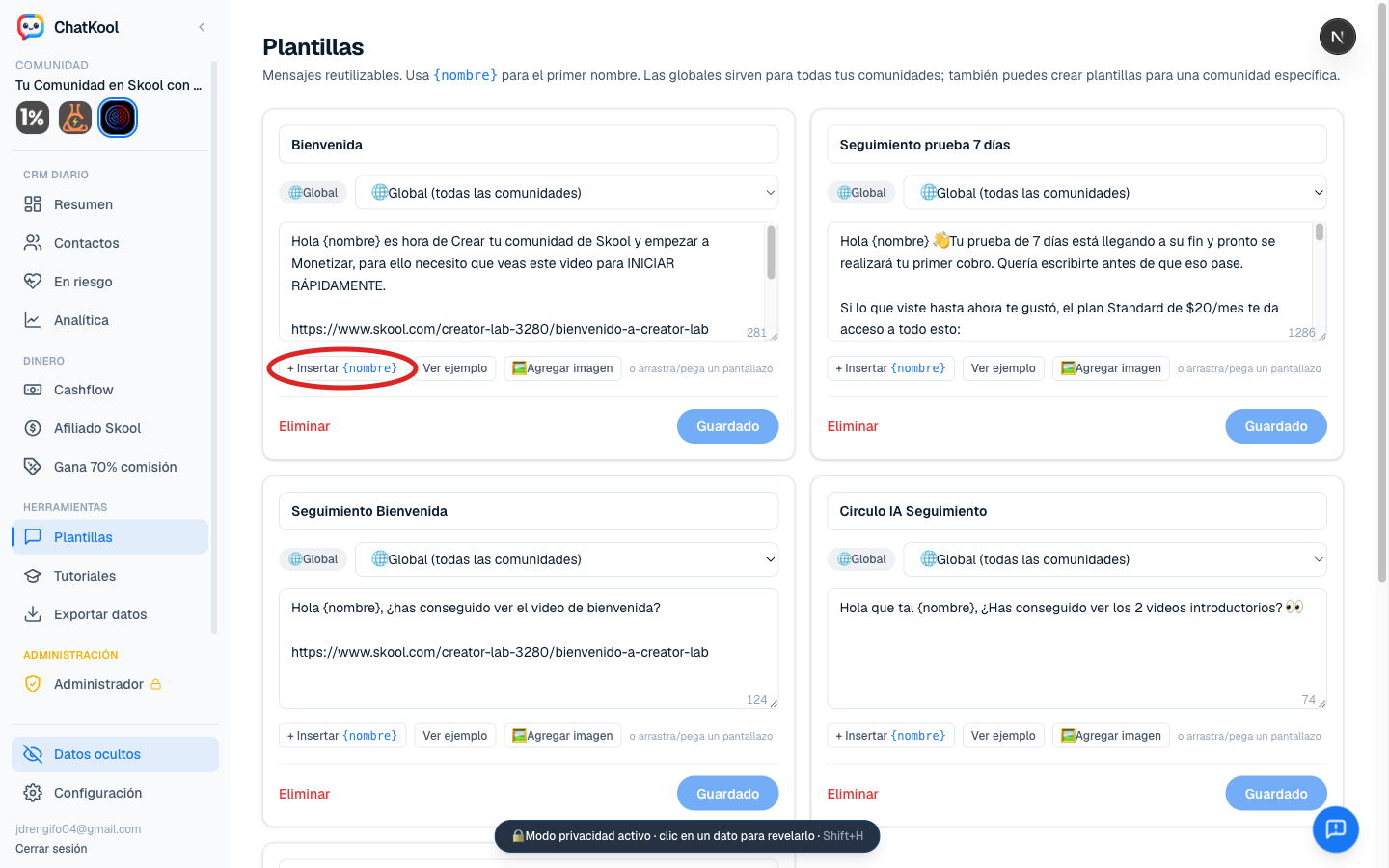 Pulsa «+ Insertar {nombre}» para personalizar el mensaje con el nombre de cada miembro.